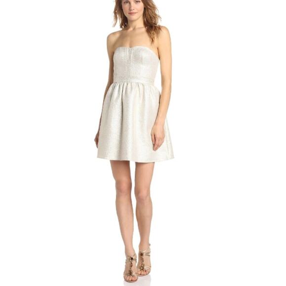 Aidan Mattox Dress Size 2 Strapless Mini Jacquard Metallic Glitter Party Gold - Picture 1 of 7